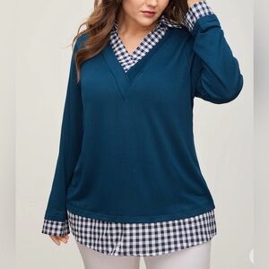 NWOT Bloomchic 18-20 Twofer Patchwork Shirt Collar Arc Hem Sweatshirt Plus Blue